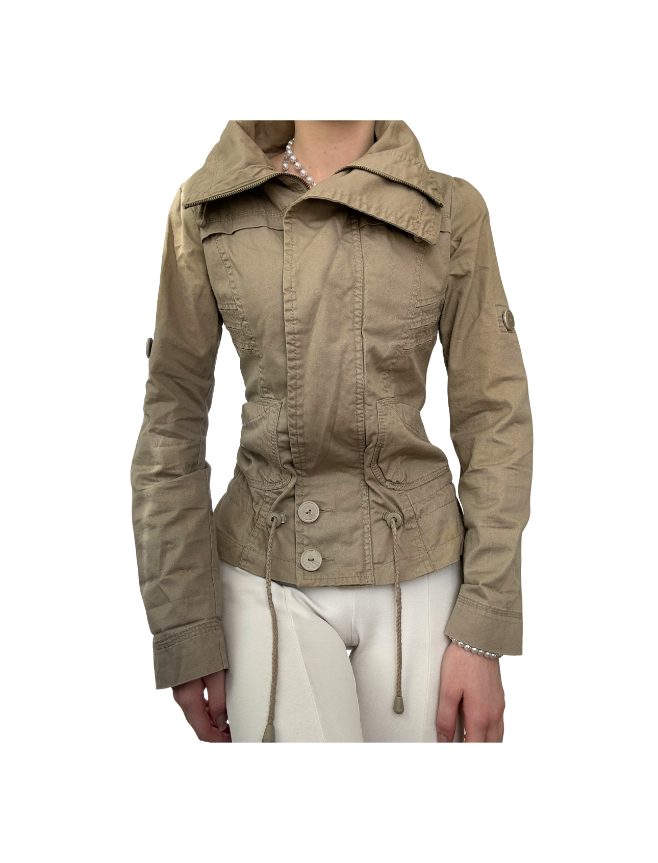 Vintage khaki utility jacket with asymmetric collar, waist drawstrings and military-inspired silhouette – rare archive fashion find